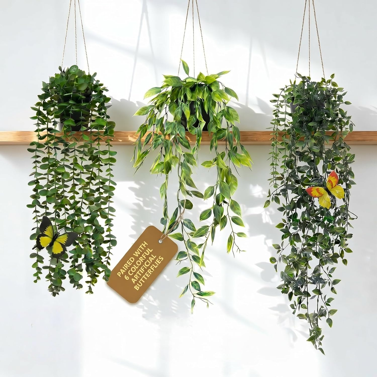 3 Pack Fake Plants with 6 Butterflies for Wall Home Room Office,Artificial Hangi