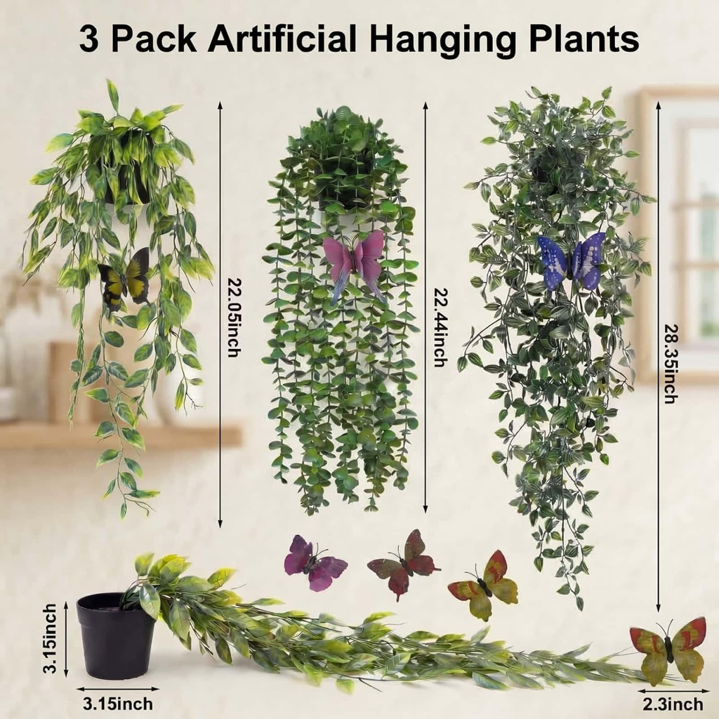 3 Pack Fake Plants with 6 Butterflies for Wall Home Room Office,Artificial Hangi