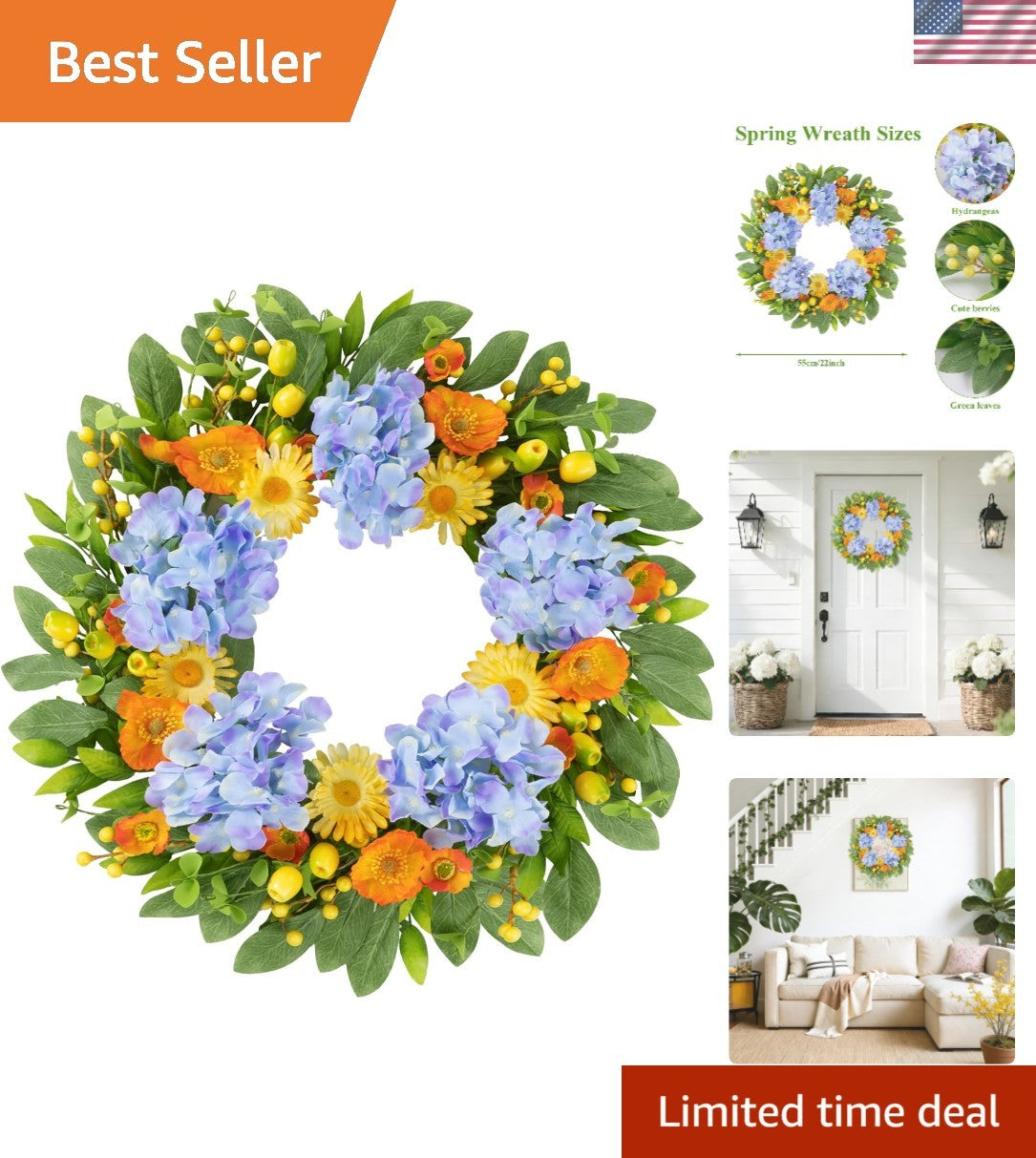 22-Inch Hydrangea Wreath: Stunning Silk Floral Design for Home and Weddings