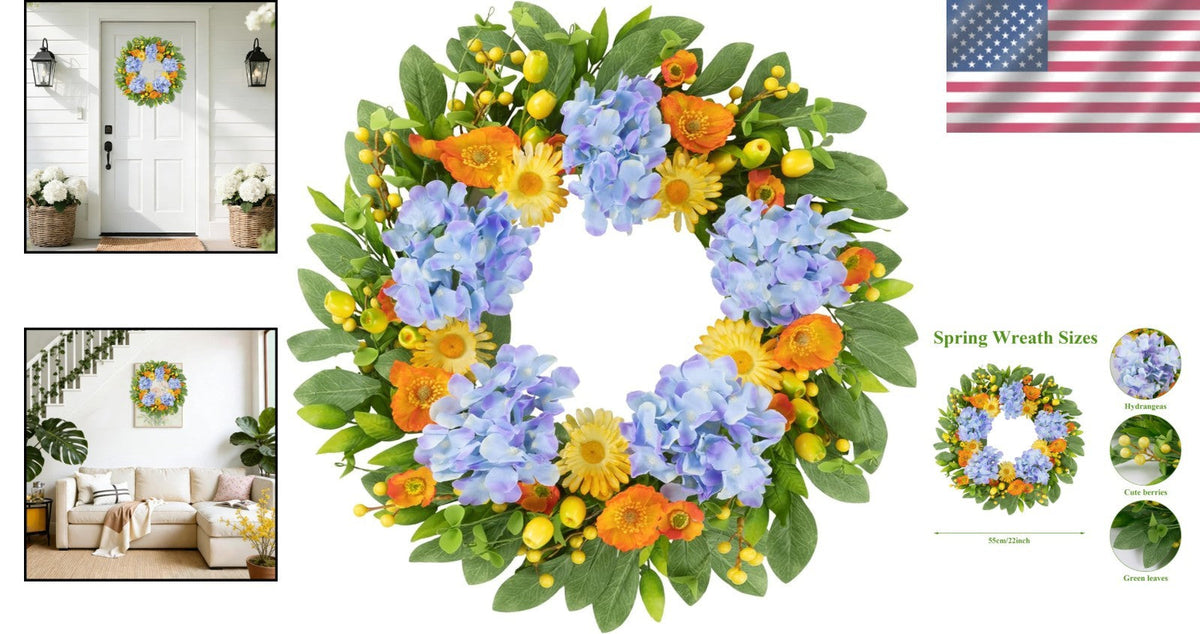 22-Inch Hydrangea Wreath: Stunning Silk Floral Design for Home and Weddings